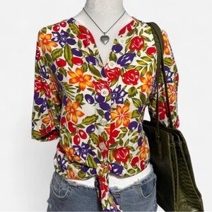 Vintage Chaus Tropical Floral Button-Front Tie Hem Top - Multicolor, size 6